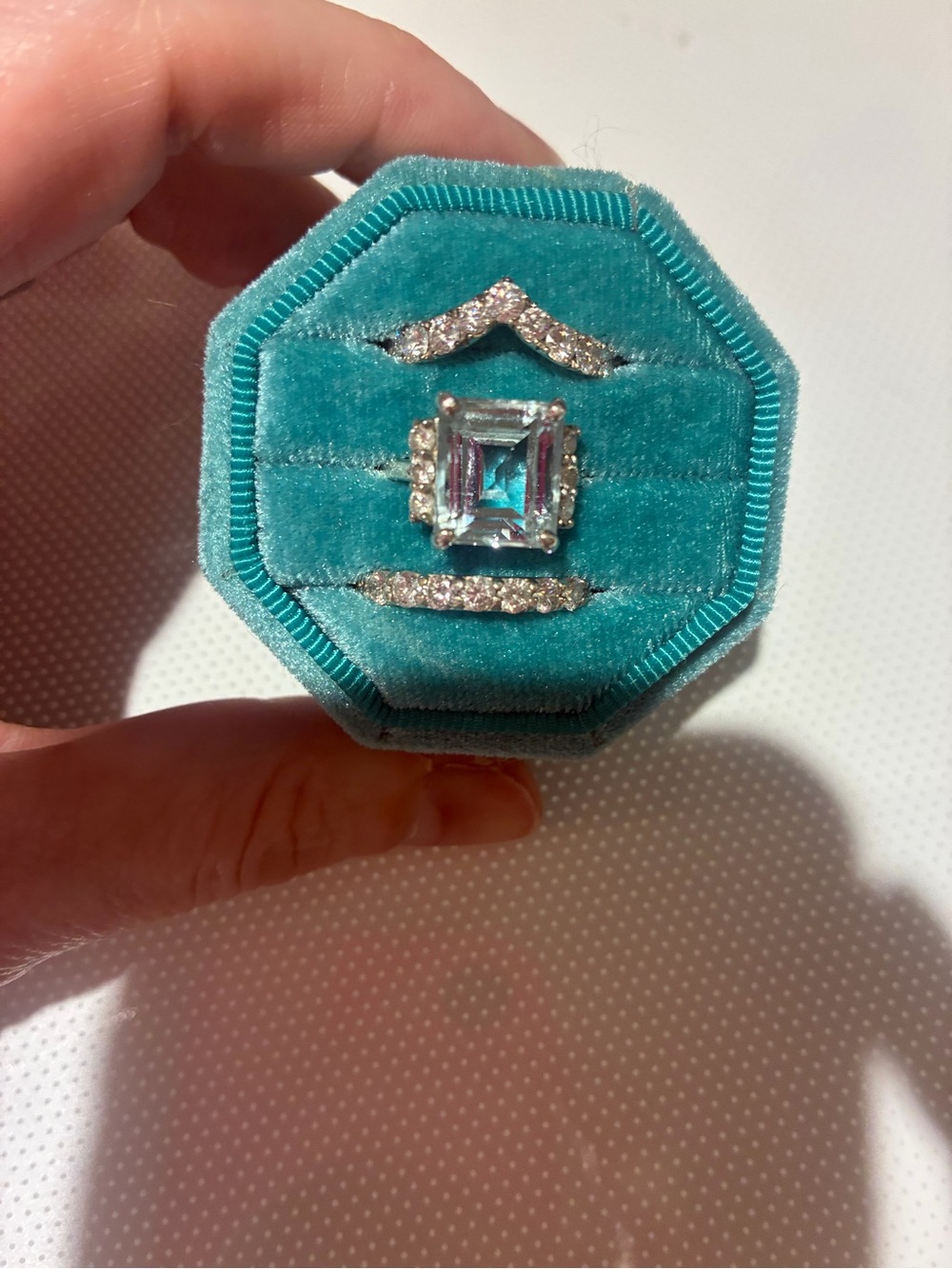 Aquamarine-Cut Silver Ring in Teal with diamond bands